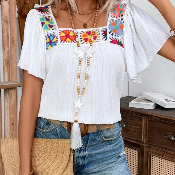 Tops - White Boho Women's Crochet Patchwork Square Neck Flutter Sleeve Vacation Shirt